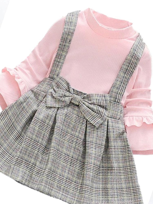 Classic Plaid Colour-Block Dress with Bow and Braces with Pink Top - Stylemykid.com