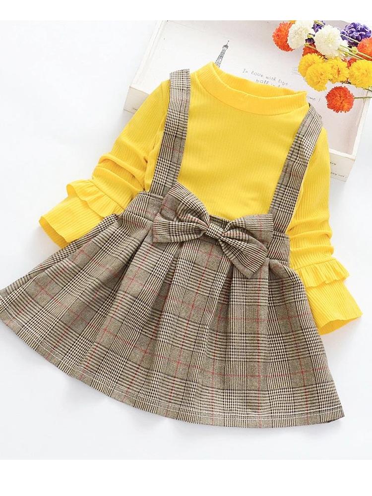 Classic Plaid Colour-Block Dress with Bow and Braces with Yellow Top - Stylemykid.com