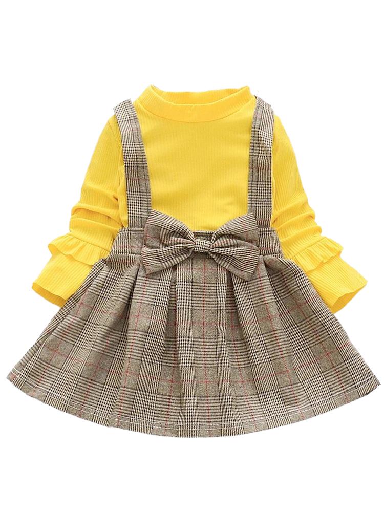 Classic Plaid Colour-Block Dress with Bow and Braces with Yellow Top - Stylemykid.com