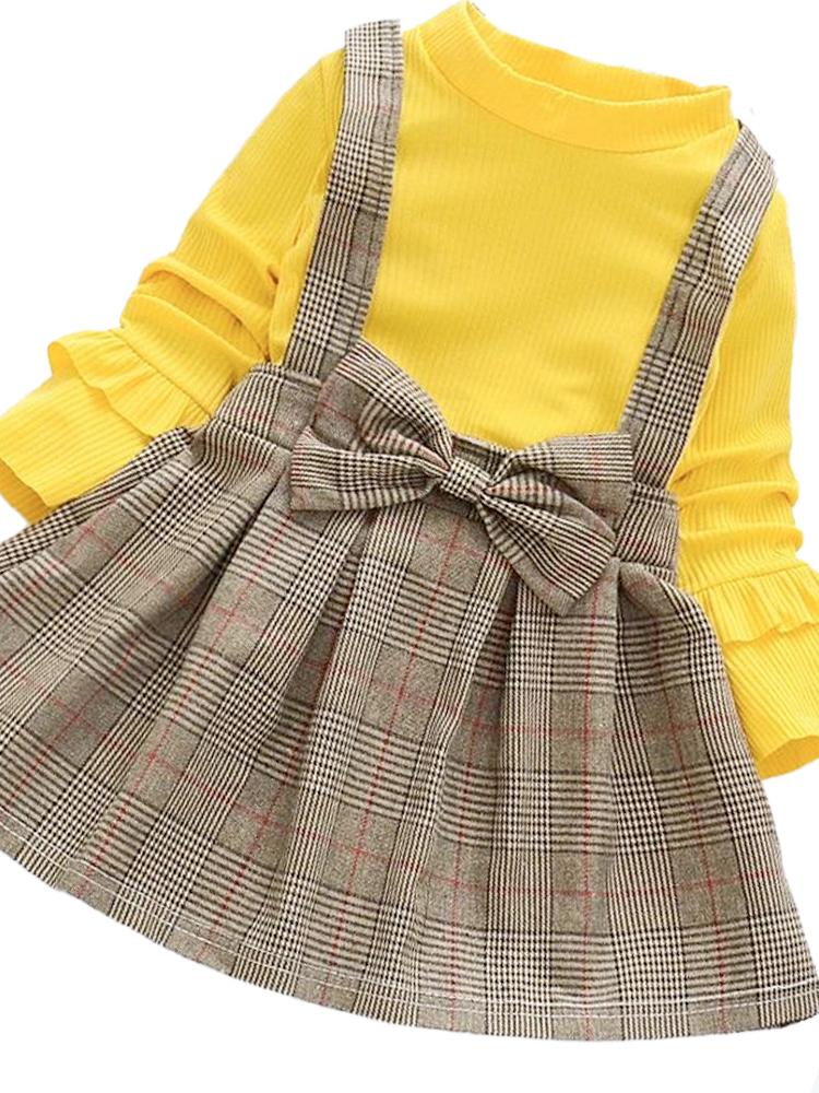 Classic Plaid Colour-Block Dress with Bow and Braces with Yellow Top - Stylemykid.com