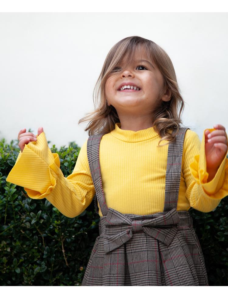 Classic Plaid Colour-Block Dress with Bow and Braces with Yellow Top - Stylemykid.com