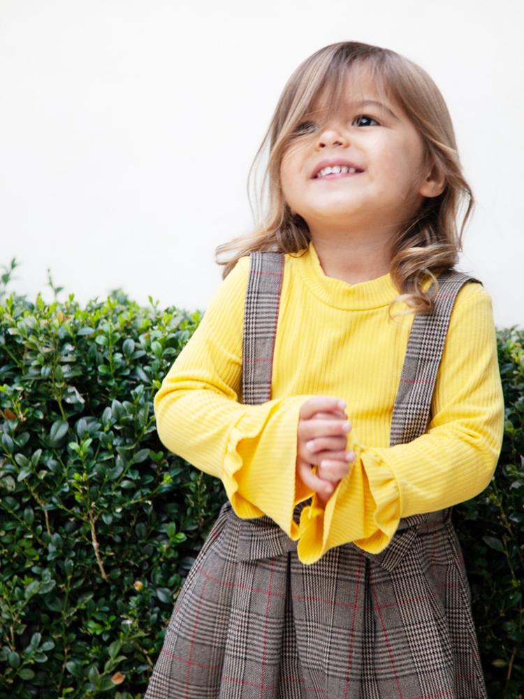 Classic Plaid Colour-Block Dress with Bow and Braces with Yellow Top - Stylemykid.com