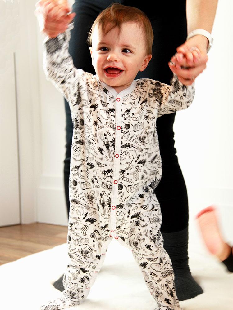 Artie - Pop Comic Black & White Patterned Baby Footed Sleepsuit - 9 to 18 months - Stylemykid.com