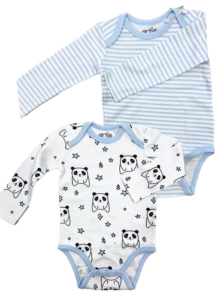 Artie - Sleepy Panda / Sky Blue & White Striped Long Sleeve Baby Interlock Bodysuits - 2 Pack Set - Stylemykid.com