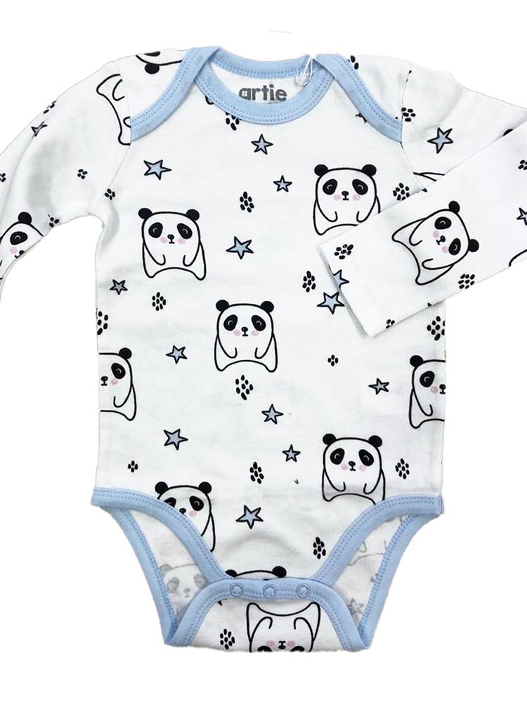 Artie - Sleepy Panda / Sky Blue & White Striped Long Sleeve Baby Interlock Bodysuits - 2 Pack Set - Stylemykid.com