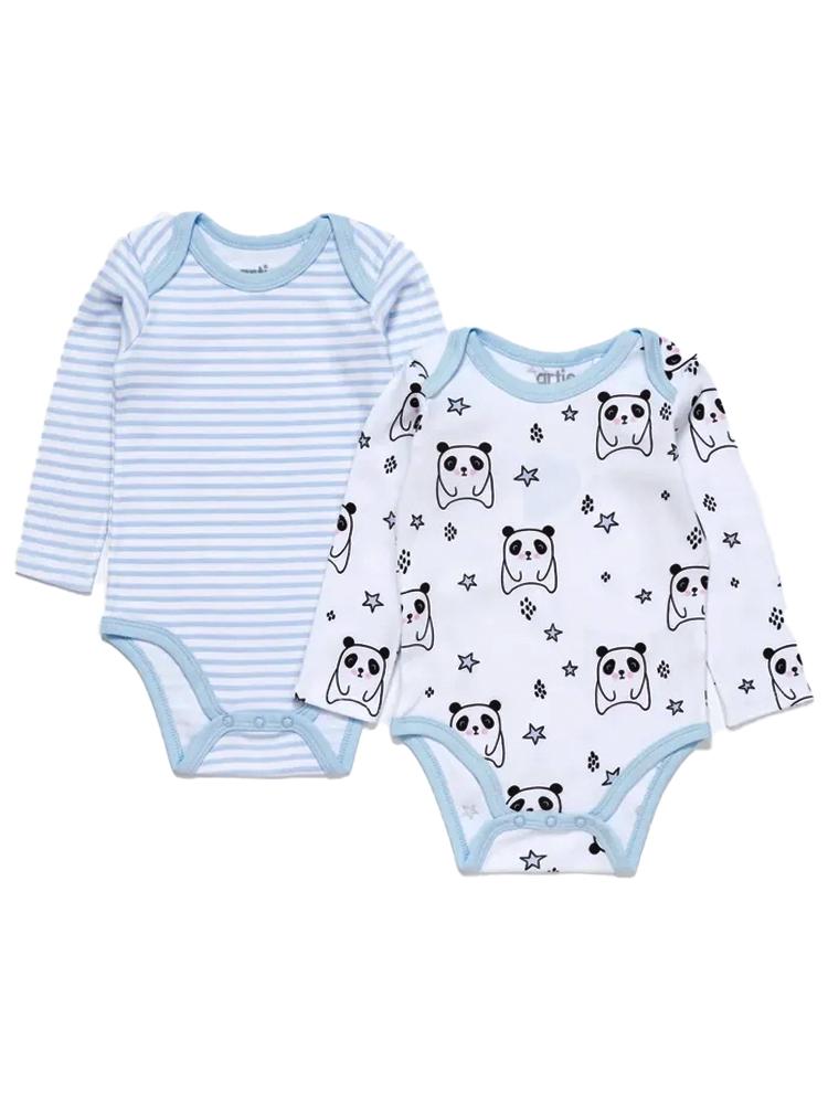 Artie - Sleepy Panda / Sky Blue & White Striped Long Sleeve Baby Interlock Bodysuits - 2 Pack Set - Stylemykid.com