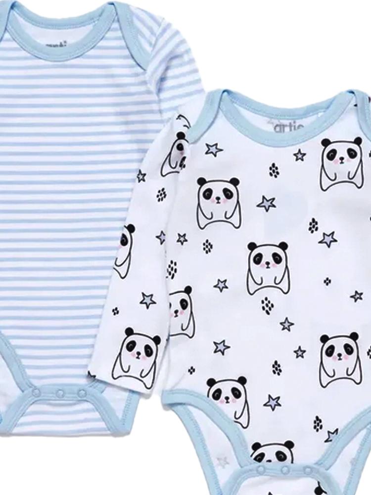 Artie - Sleepy Panda / Sky Blue & White Striped Long Sleeve Baby Interlock Bodysuits - 2 Pack Set - Stylemykid.com