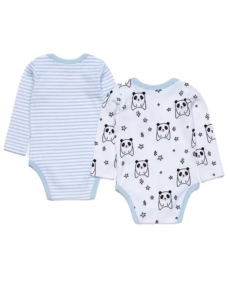 Artie - Sleepy Panda / Sky Blue & White Striped Long Sleeve Baby Interlock Bodysuits - 2 Pack Set - Stylemykid.com