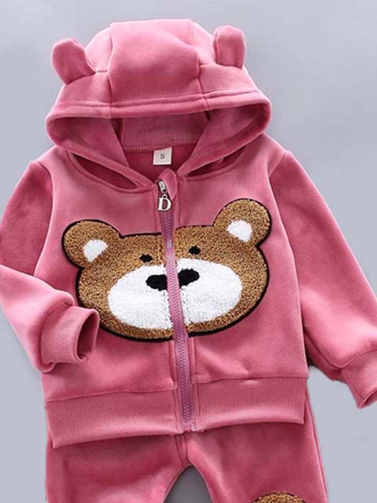 Bear Face Velour Hooded Zip Top & Bottoms - 2 Piece Outfit - Rose Pink - Stylemykid.com