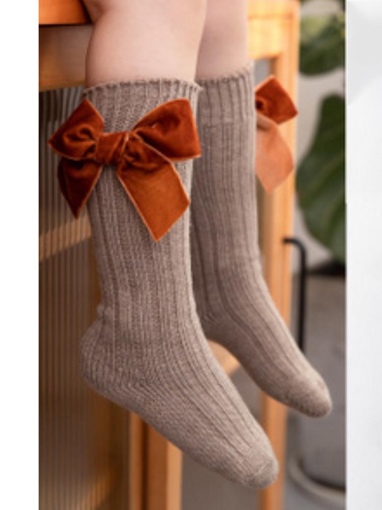 Velvet Bow Girls Long Socks Black