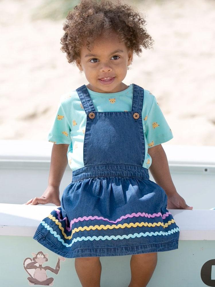 KITE Organic - Ric Rac Denim Blue Girls Pinafore Baby and Little Girls Dress - 3 to 6 Months - Stylemykid.com