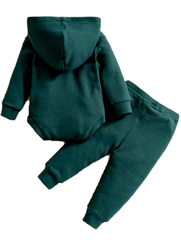 Dark Green Baby Hooded Bodysuit and Bottoms - 2 Piece Ribbed Outfit - 3M-18M - Stylemykid.com
