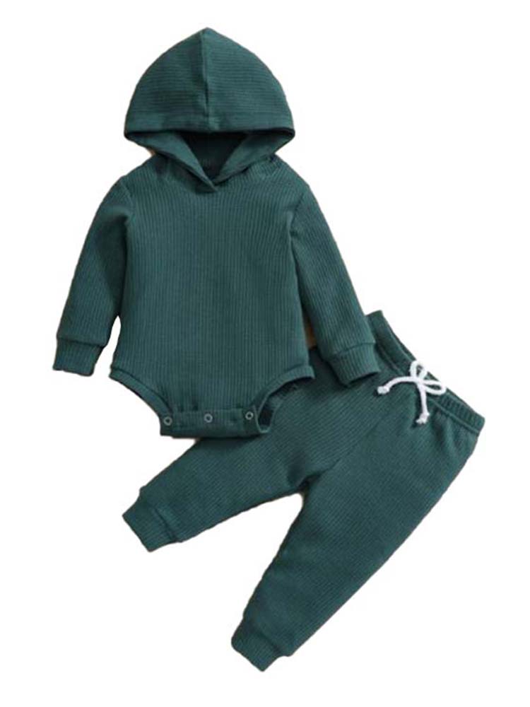 Dark Green Baby Hooded Bodysuit and Bottoms - 2 Piece Ribbed Outfit - 3M-18M - Stylemykid.com