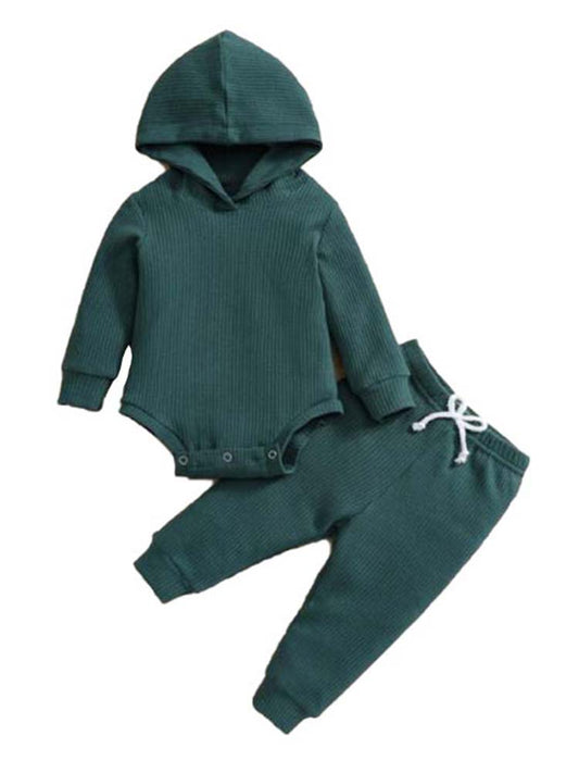 Dark Green Baby Hooded Bodysuit and Bottoms - 2 Piece Ribbed Outfit - 3M-18M - Stylemykid.com