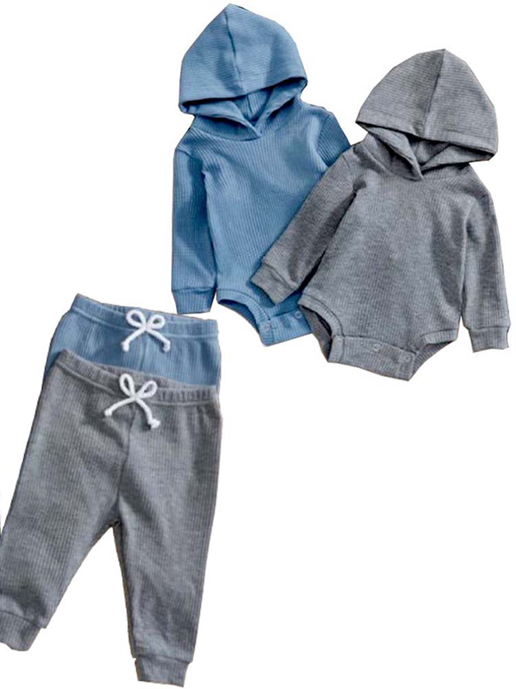 Blue Baby Hooded Bodysuit and Bottoms - 2 Piece Ribbed Outfit - Blue 6 to 12 Months - Stylemykid.com