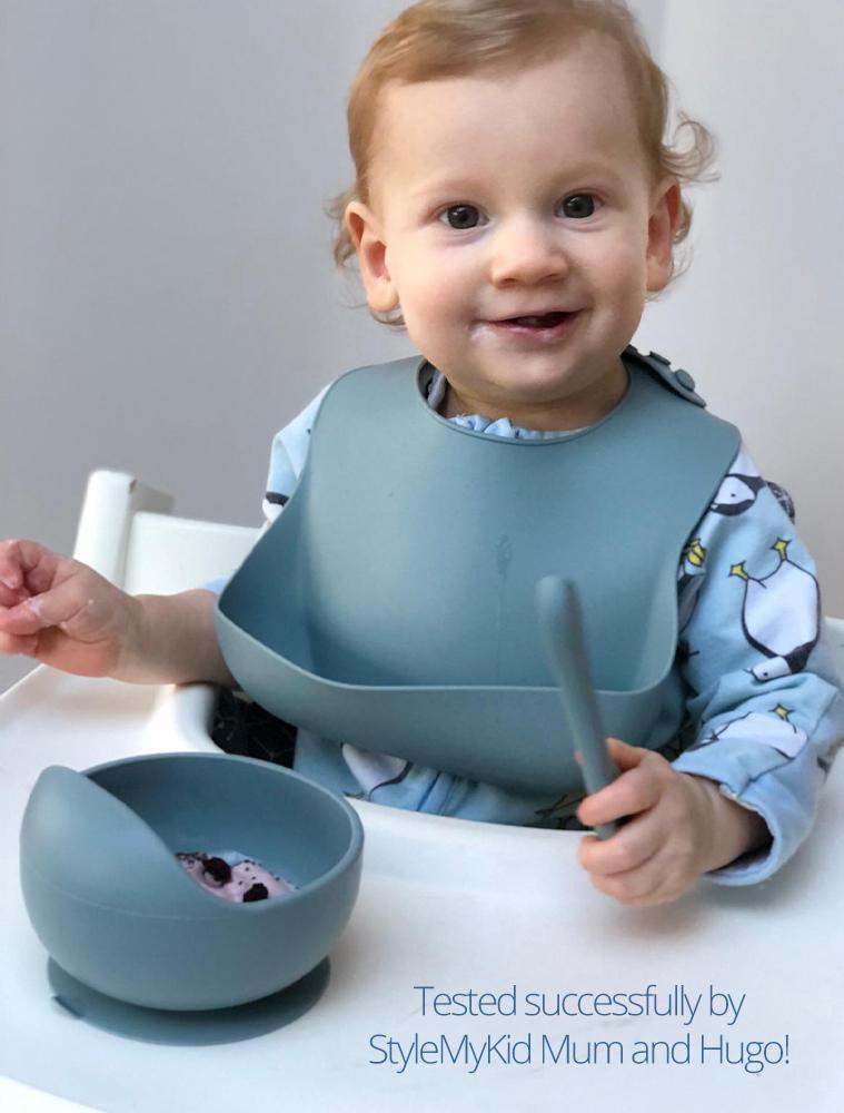 Blueberry Blue Bib Bowl and Spoon - Silicone Baby Bib, Food Bowl and Spoon - Stylemykid.com