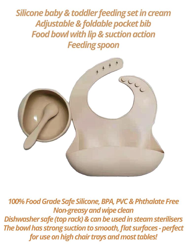 BISCUIT CREAM BIB BOWL AND SPOON- Silicone Baby Bib, Food Bowl and Spoon - Stylemykid.com