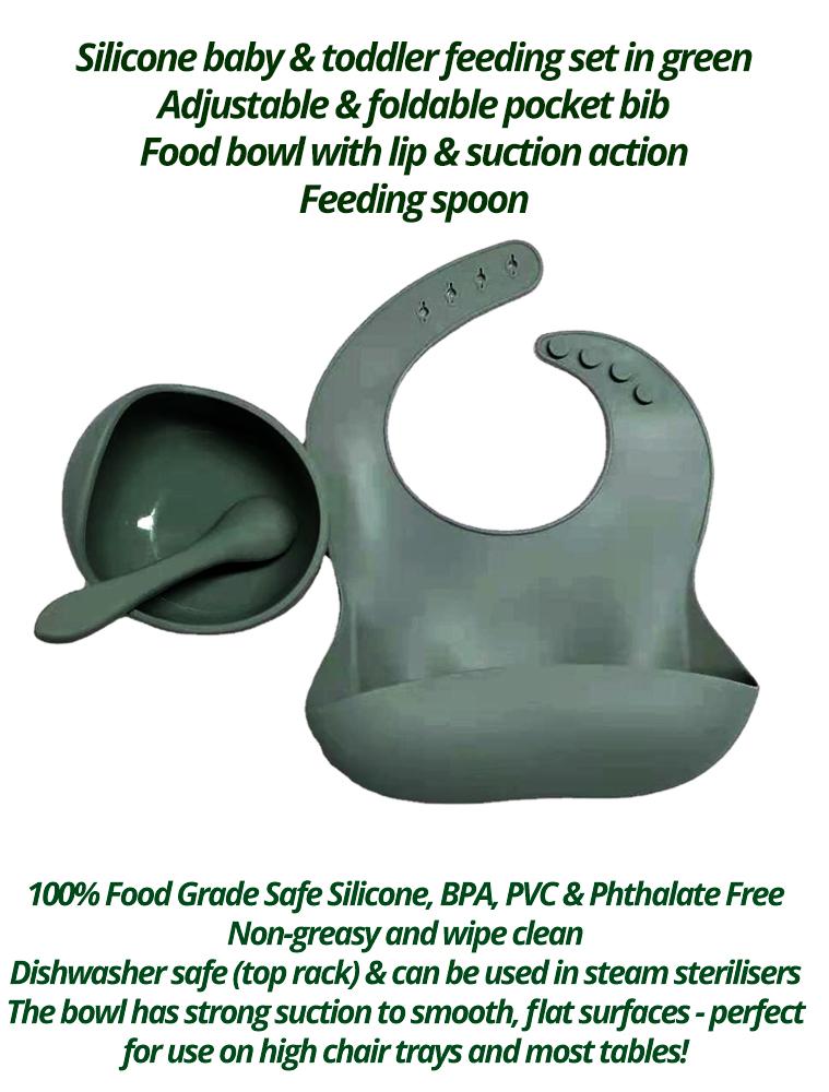 Sage Green Bib Bowl and Spoon - Silicone Baby Bib, Food Bowl and Spoon - Stylemykid.com