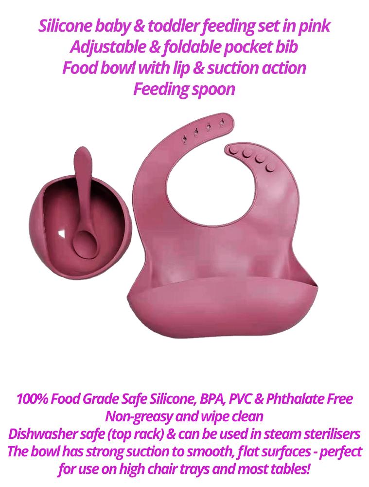 Plum Pink Bib Bowl and Spoon - Silicone Baby Bib, Food Bowl and Spoon - Stylemykid.com