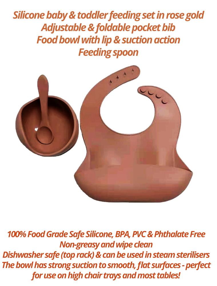 Rose Gold Bib Bowl and Spoon - Silicon Baby Bib, Food Bowl and Spoon - Stylemykid.com