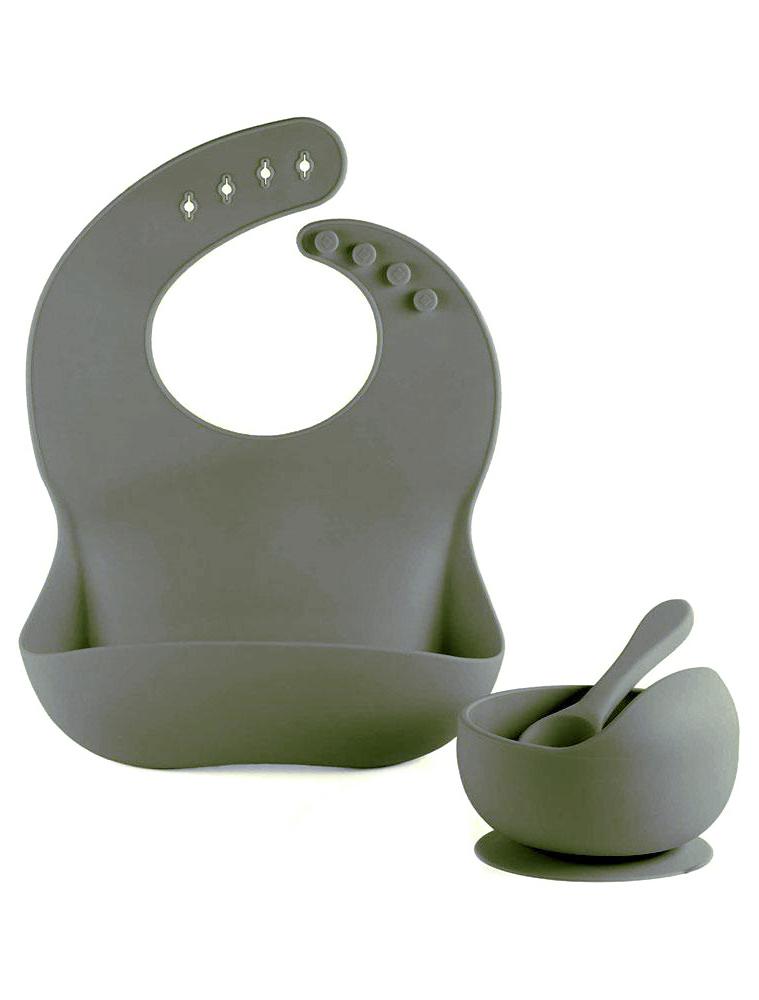 Sage Green Bib Bowl and Spoon - Silicone Baby Bib, Food Bowl and Spoon - Stylemykid.com