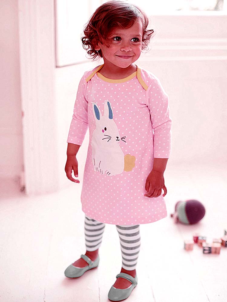 Pink Spotty Bunny Long Sleeved Girls Dress with Bunny Applique Details - Stylemykid.com