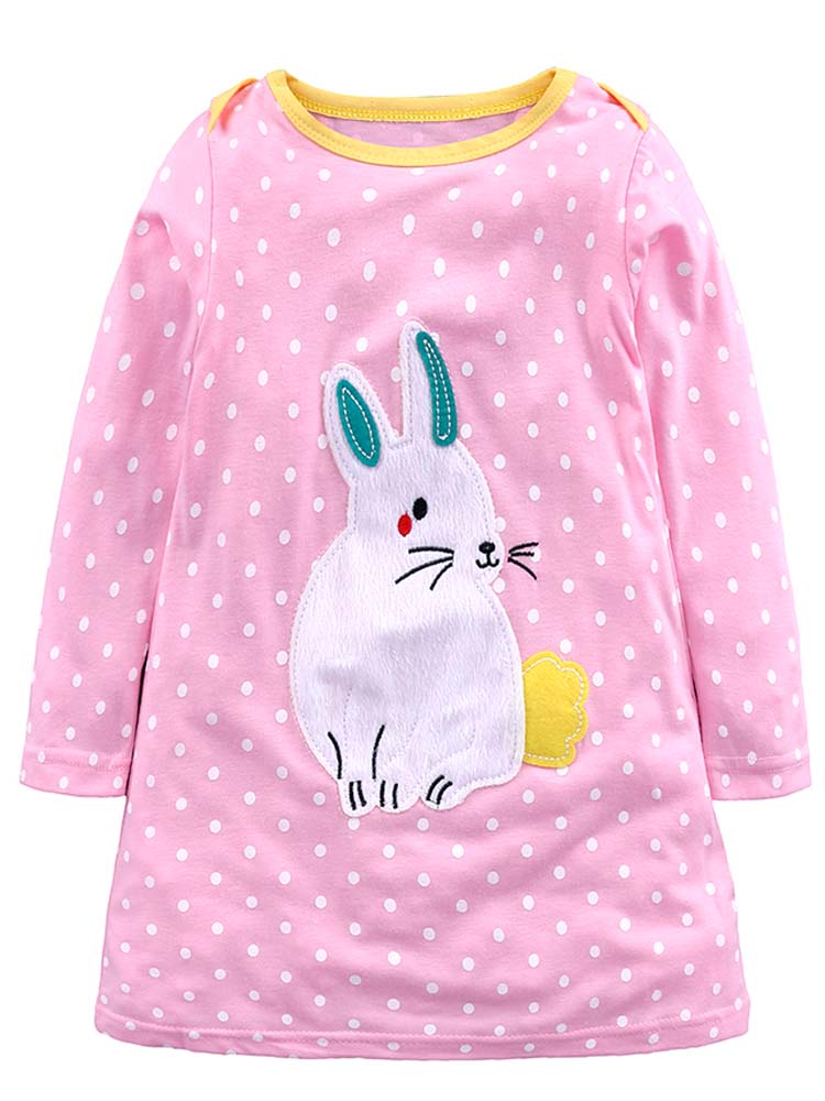 Pink Spotty Bunny Long Sleeved Girls Dress with Bunny Applique Details - Stylemykid.com