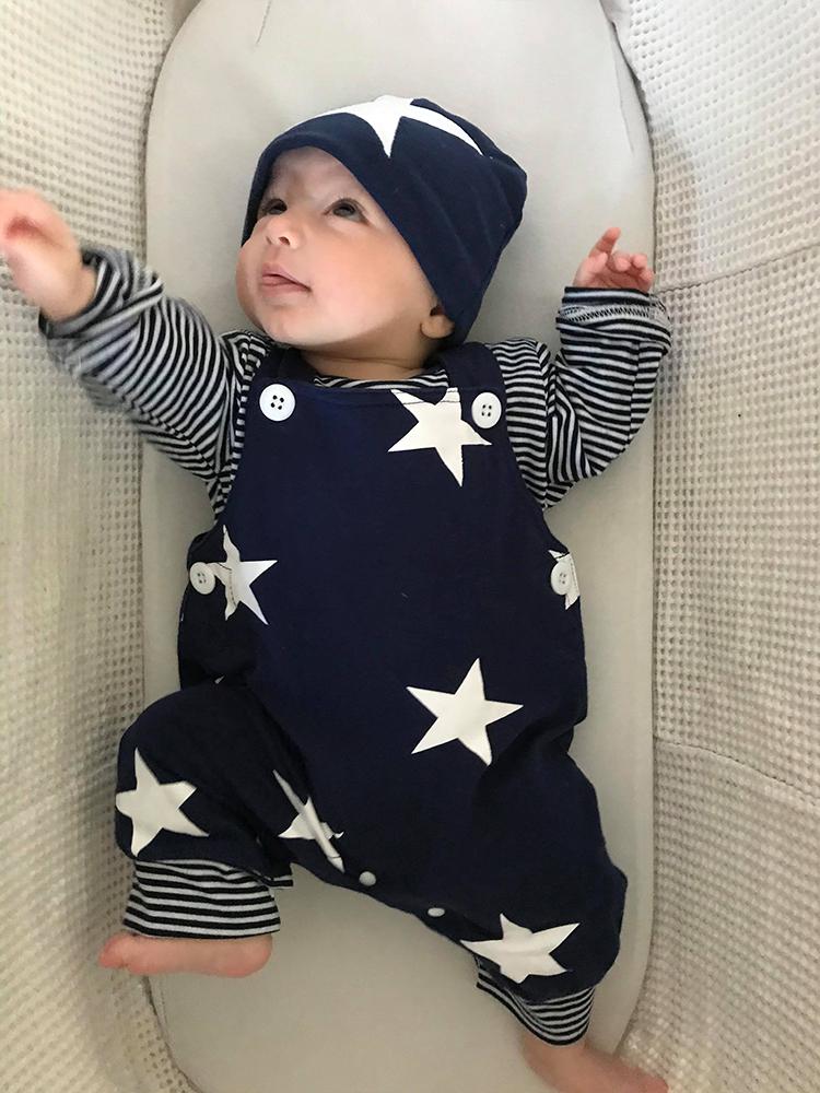 Stars & Stripes - Baby & Toddler Dungarees, Long Sleeve Top & Beanie Hat - 3 Piece Set - 0-24M - Stylemykid.com