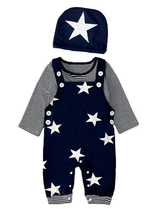 Stars & Stripes - Baby & Toddler Dungarees, Long Sleeve Top & Beanie Hat - 3 Piece Set - 0-24M - Stylemykid.com