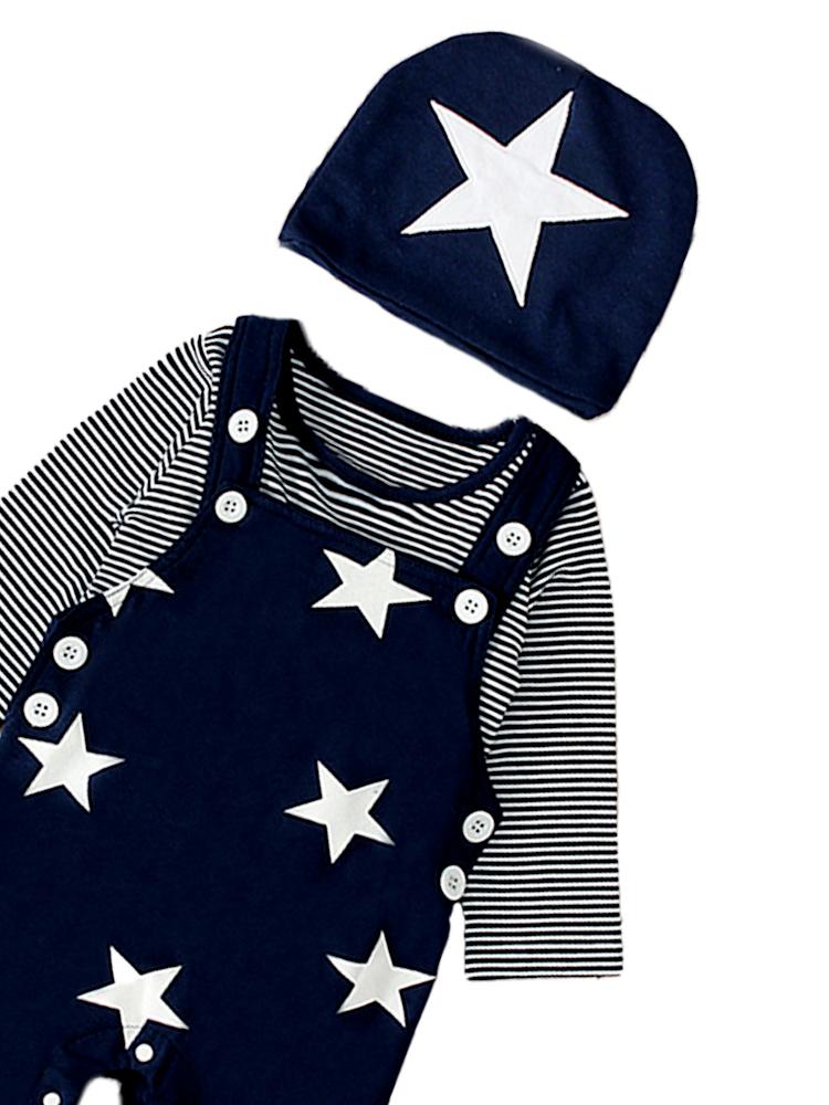 Stars & Stripes - Baby & Toddler Dungarees, Long Sleeve Top & Beanie Hat - 3 Piece Set - 0-24M - Stylemykid.com