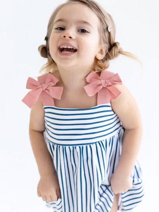 Artie - Blue and White Striped Strappy Bow Dress Baby and Girl Dress - Stylemykid.com