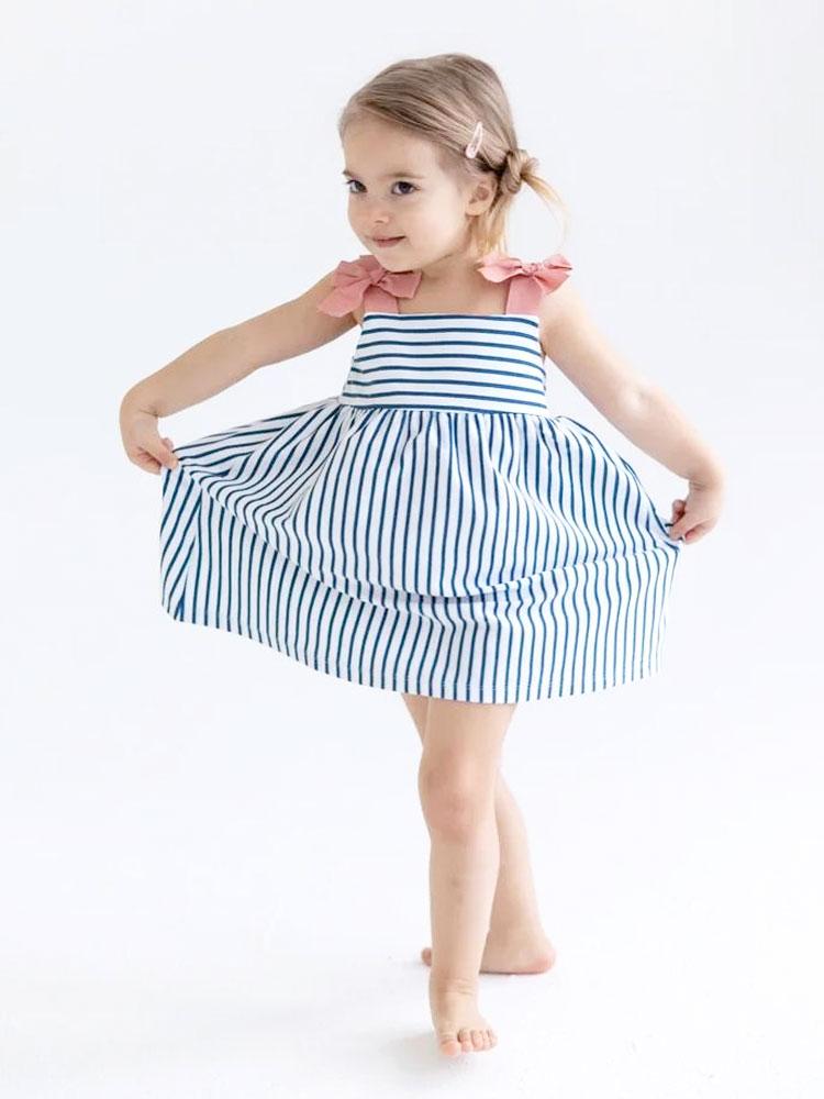 Artie - Blue and White Striped Strappy Bow Dress Baby and Girl Dress - Stylemykid.com