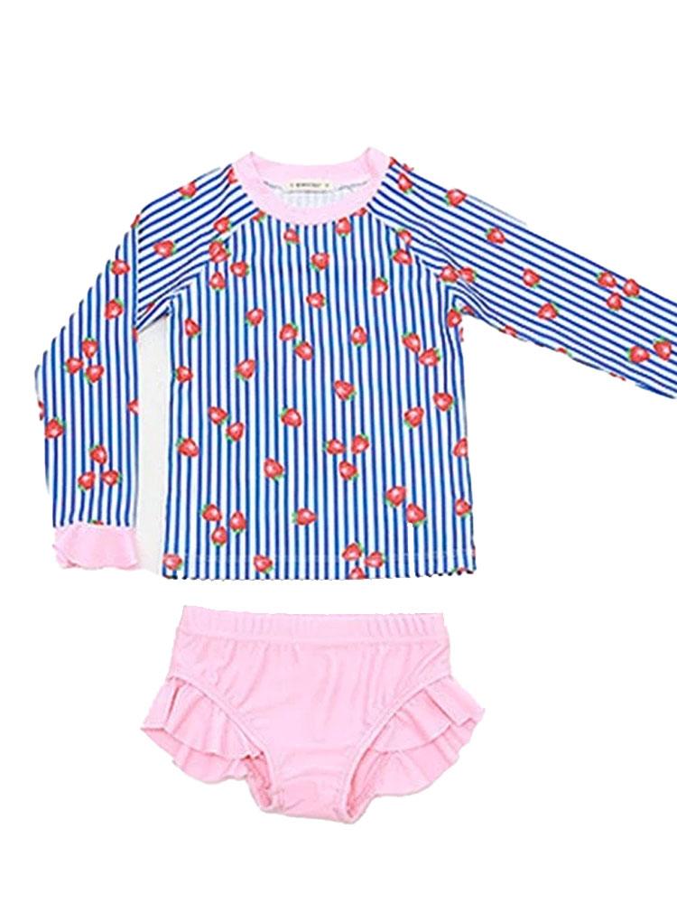 Girls 2 Piece Frilled Swimming Costume in Strawberry Stripe 4 to 5Y - Stylemykid.com