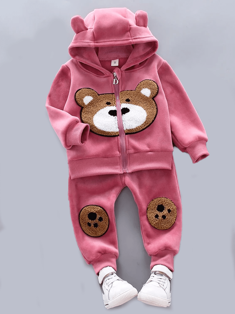 Bear Face Velour Hooded Zip Top & Bottoms - 2 Piece Outfit - Rose Pink - Stylemykid.com