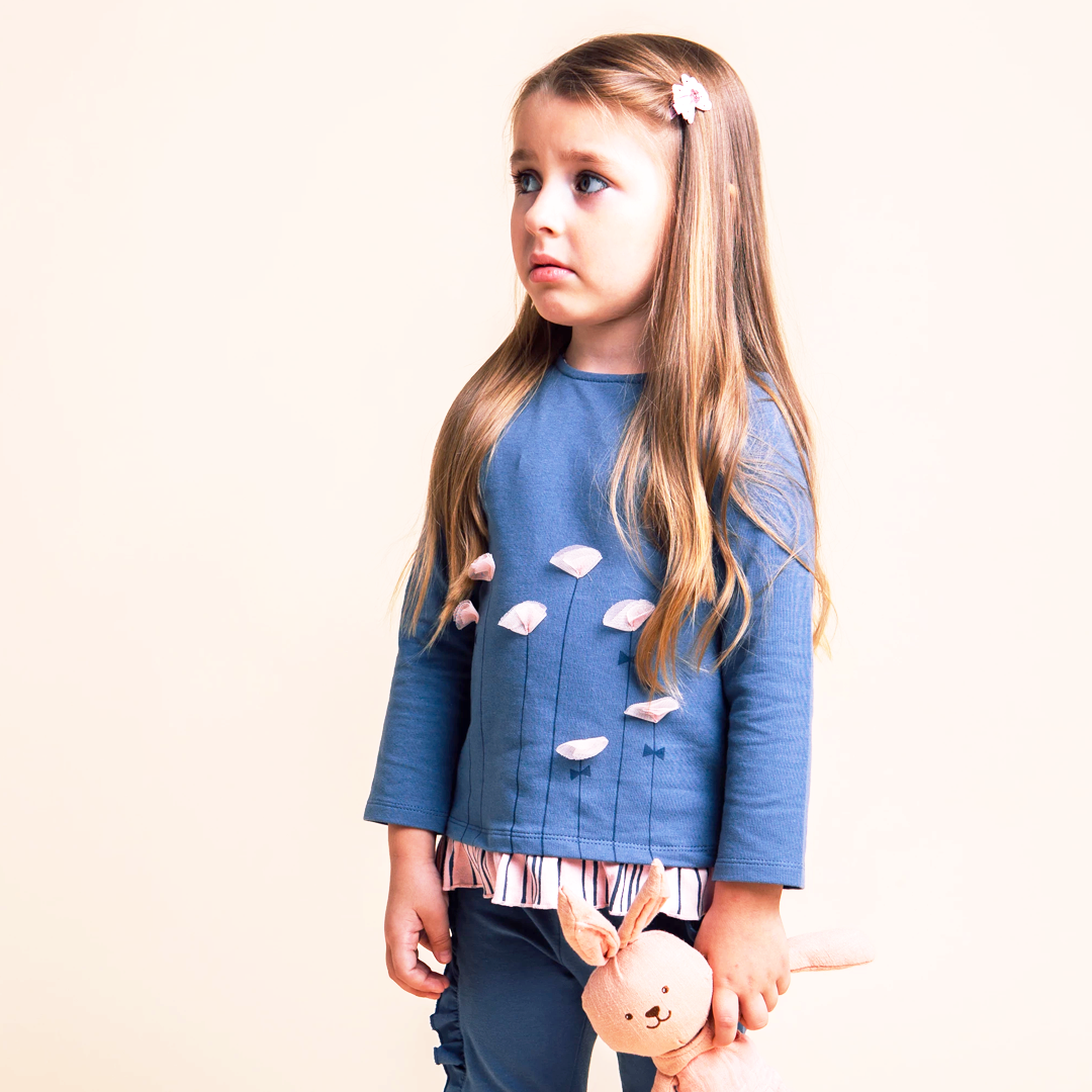 Artie - Tall Flowers - Girls Blue Long Sleeved Top with Pink Flower Design 9 to 12 months - Stylemykid.com
