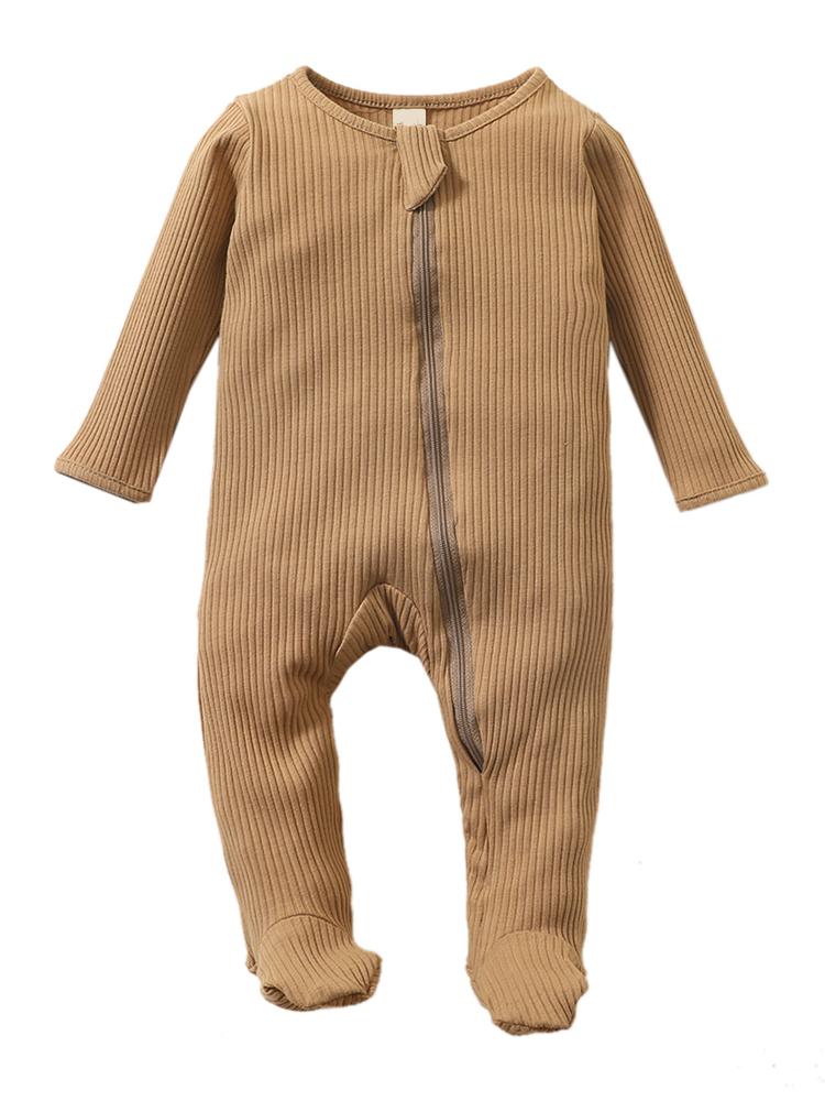 Tan Footed Ribbed Baby Zip Sleepsuit - 3-6 months - Stylemykid.com