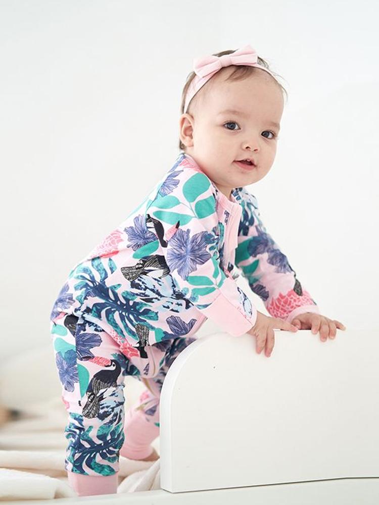 Pink Toucan Forest - Pink Baby Zip Sleepsuit with Hand & Feet Cuffs - Stylemykid.com