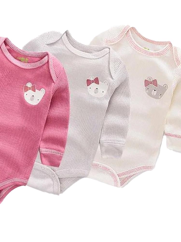Triple Pack Long Sleeve Pinks Teddy Bear Baby Bodysuit - Stylemykid.com