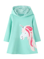 Ursula the Unicorn - Girls Long Sleeve Hooded Turquoise Unicorn Dress - Stylemykid.com