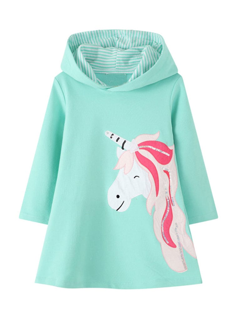 Ursula the Unicorn - Girls Long Sleeve Hooded Turquoise Unicorn Dress - Stylemykid.com
