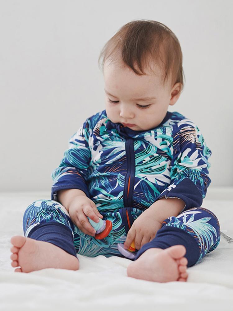 Turquoise Tropical Baby Zip Sleepsuit with Hand & Feet Cuffs - Stylemykid.com