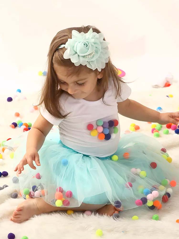 Girls Tulle Pom Pom Tutu Skirt Turquoise Blue