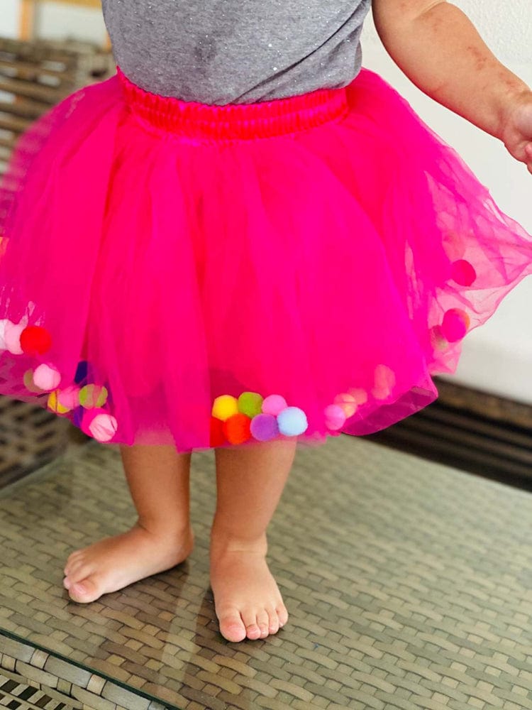 Girls Tulle Pom Pom Tutu Skirt Bright Pink