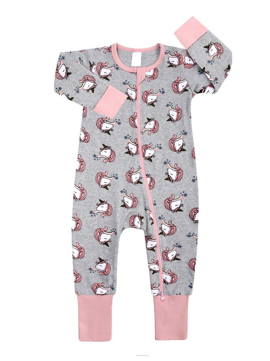 Little Miss Unicorn Baby Zip Sleepsuit with Hand & Feet Cuffs - Pink and Grey - Stylemykid.com