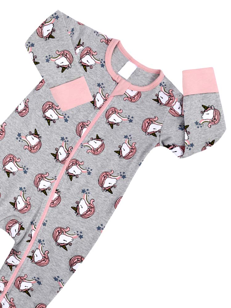 Little Miss Unicorn Baby Zip Sleepsuit with Hand & Feet Cuffs - Pink and Grey - Stylemykid.com