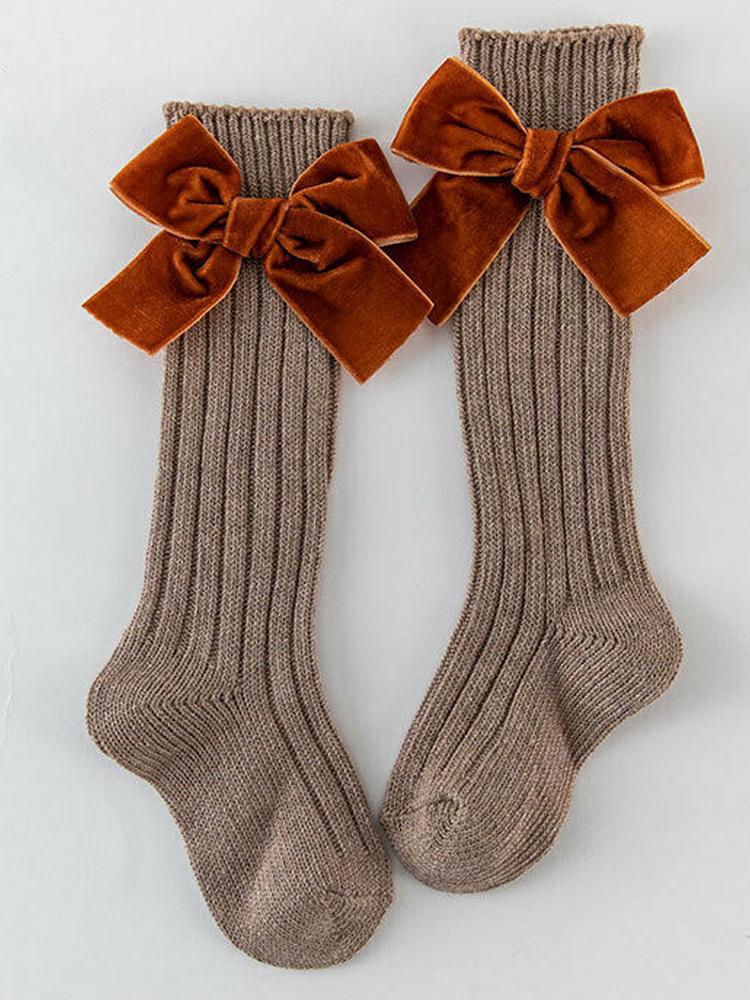 Velvet Bow Girls Long Socks Beige