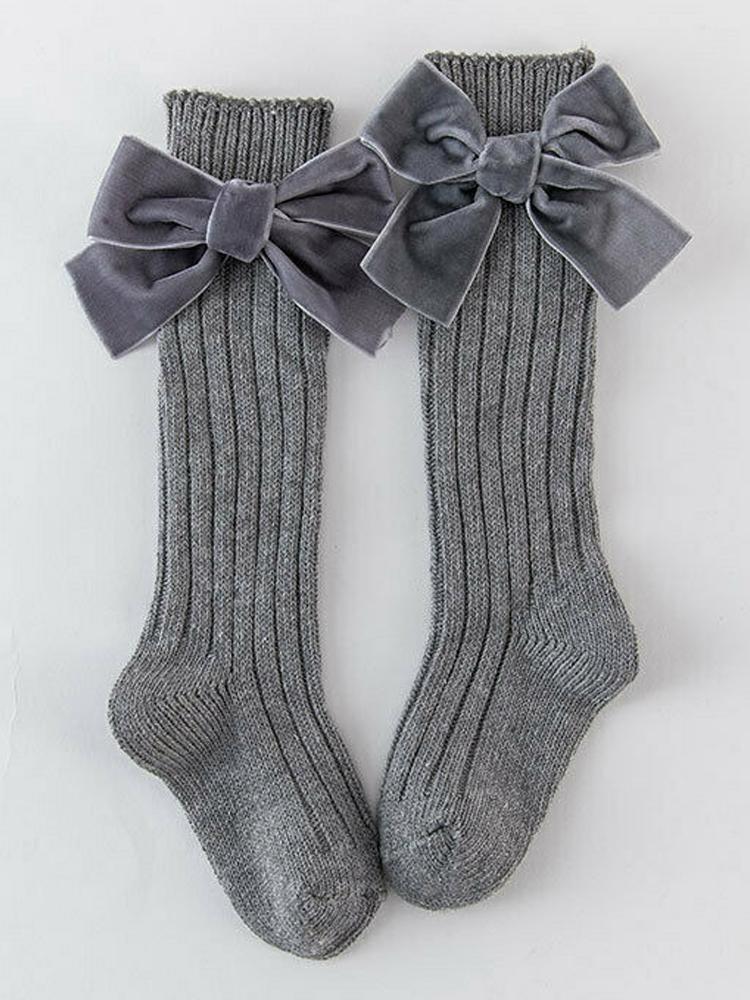 Velvet Bow Girls Long Socks Dark Grey