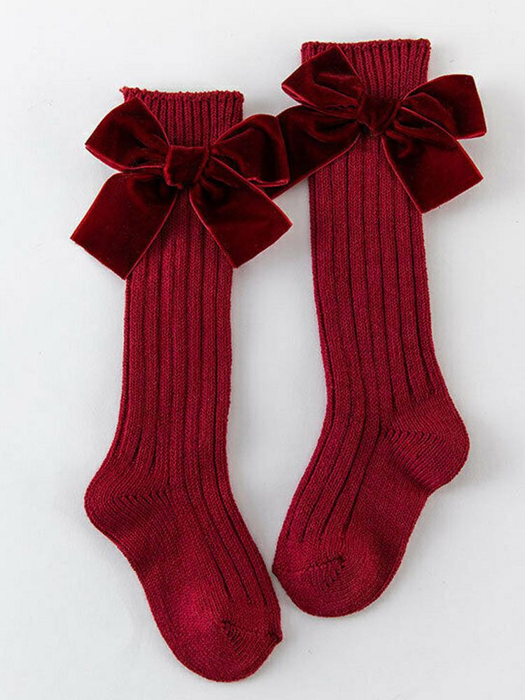 Velvet Bow Girls Long Socks Maroon Red