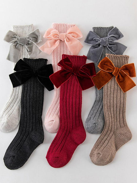 Velvet Bow Girls Long Socks Black