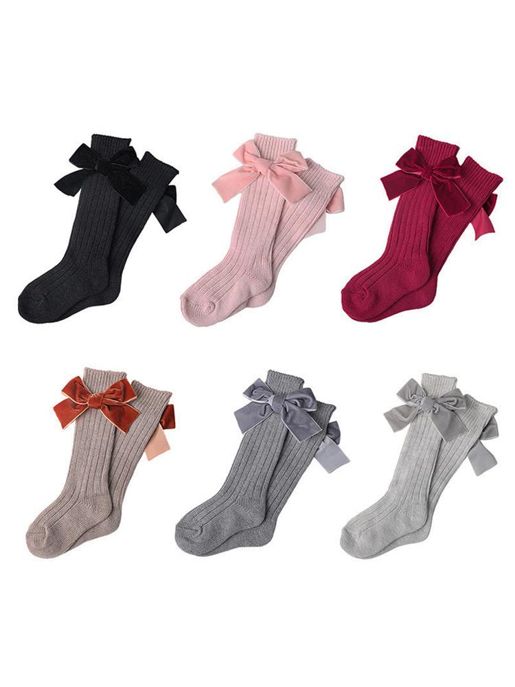 Velvet Bow Girls Long Socks Black